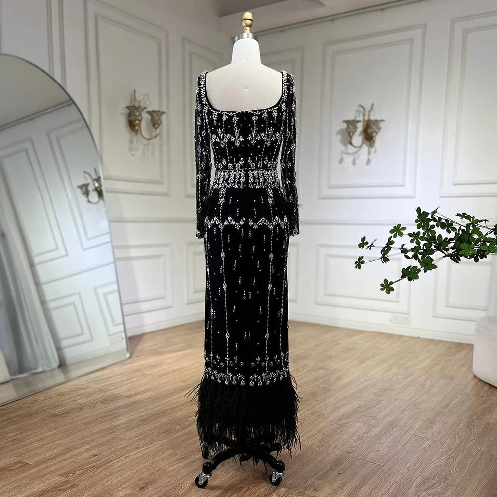 Serene Hill Muslim Turquoise Mermaid Elegant Evening Dresses Gowns 2024 Luxury Beaded Feather For Women Party LA71722