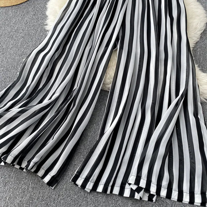 Women Chiffon Striped Jumpsuits Summer Sexy V-neck Sleeveless Elegant Wide-leg Long Pants Playsuits Ladies Dot Romper Overall