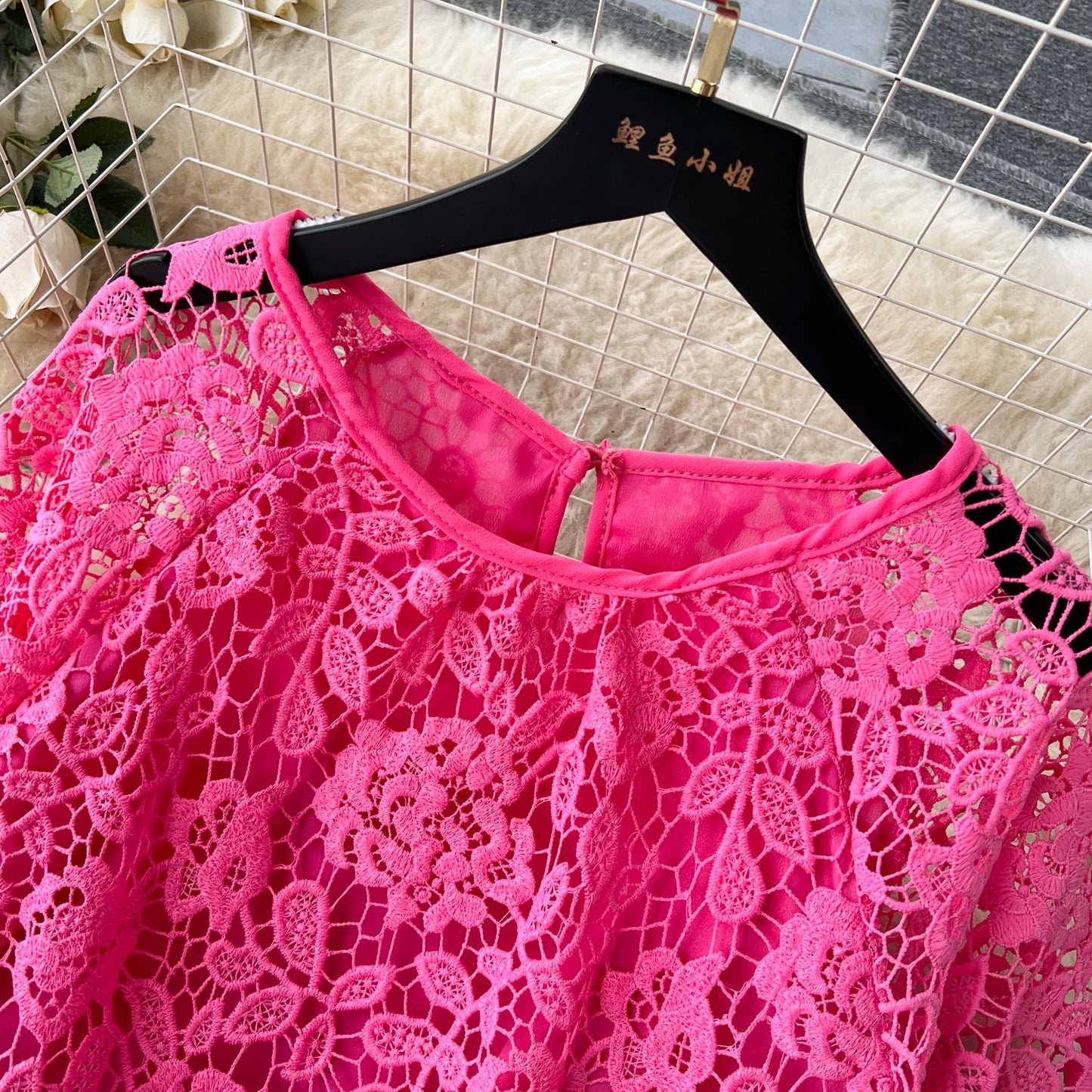 Chic Long Sleeve O Neck Lace Hook Flower Hollow Loose Dress Chiffon A-line Casual Dresses Fashion Women Elegant Vestidos