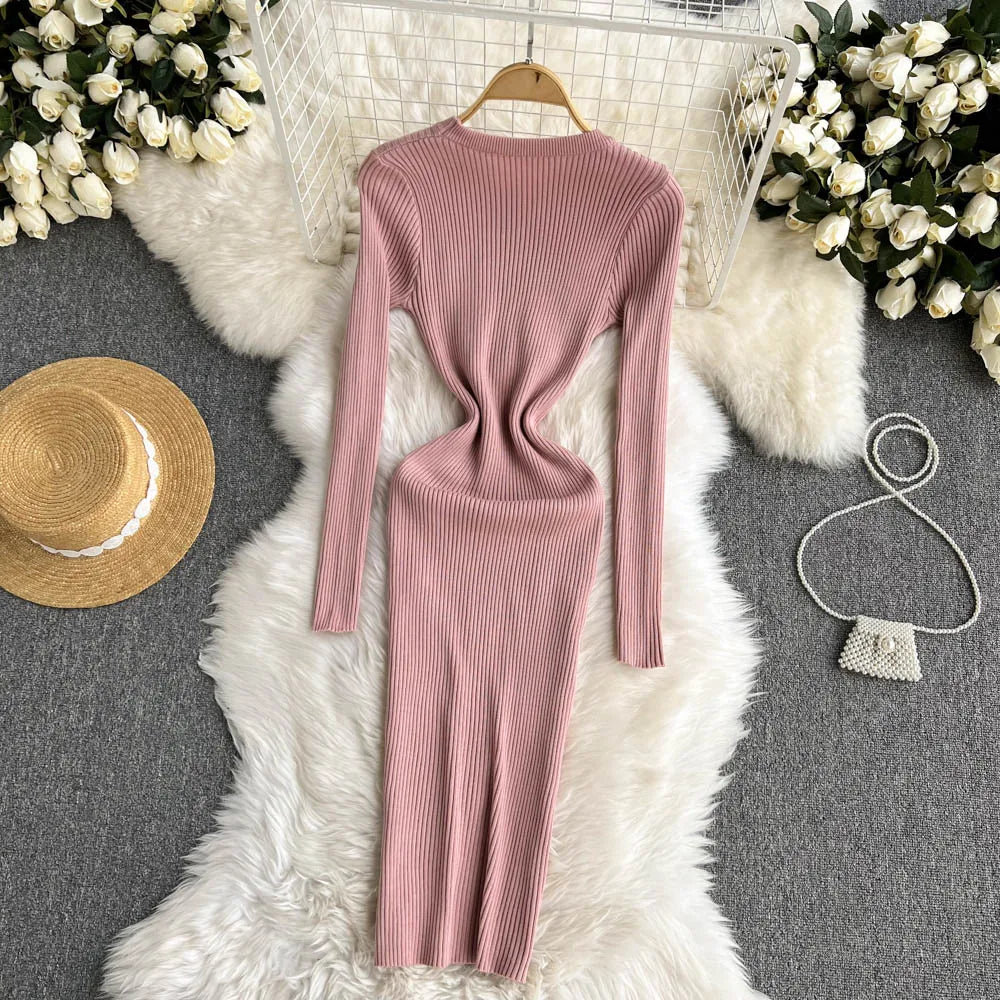 Women Elegant Chic Long Sleeve Sexy Slim Bodycon Dress Vintage Korean Fashion Knit Tight Vestido Autumn Winter Sweater Robe