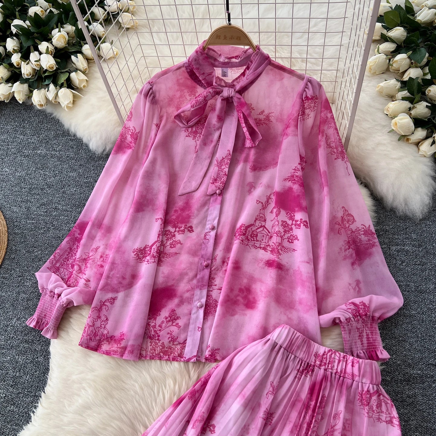 Women Chic Print Sweet Two Pieces Sets Bow Lantern Long Sleeve Top High Waitst Wide Skirt Fashion Summer Sets