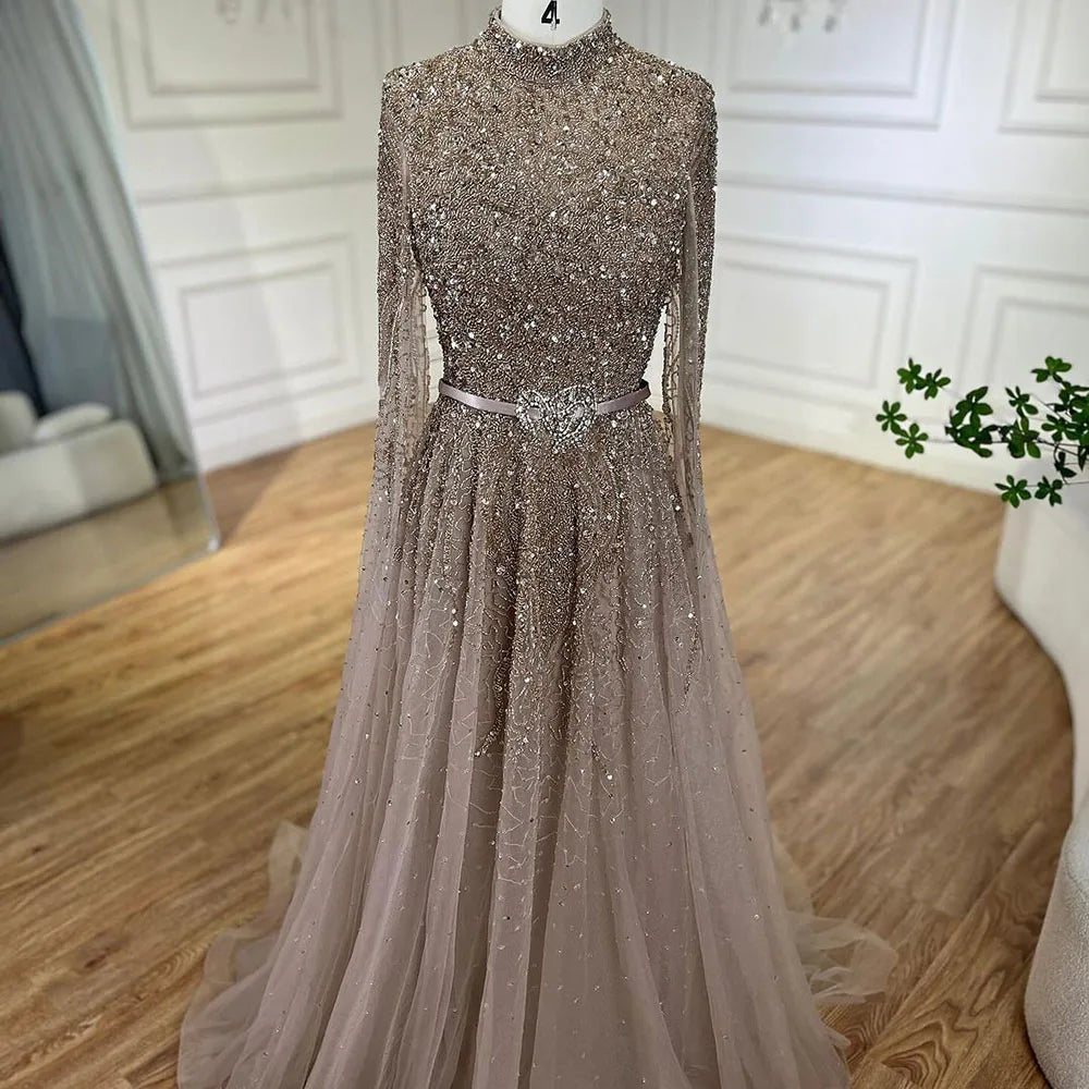 Serene Hill Blue A-Line High-end Beaded Luxury Cape Sleeves Evening Dresses Gowns 2024 For Woman Party Plus Size LA70066B