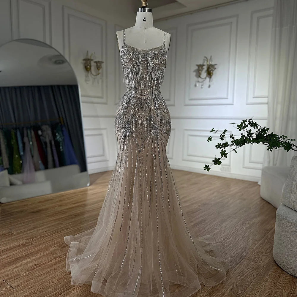 Serene Hill 2024 Silver Nude Spaghetti Strap Mermaid Evening Dress Gown with Luxury Beaded Tassels for Formal Occasion LA72772