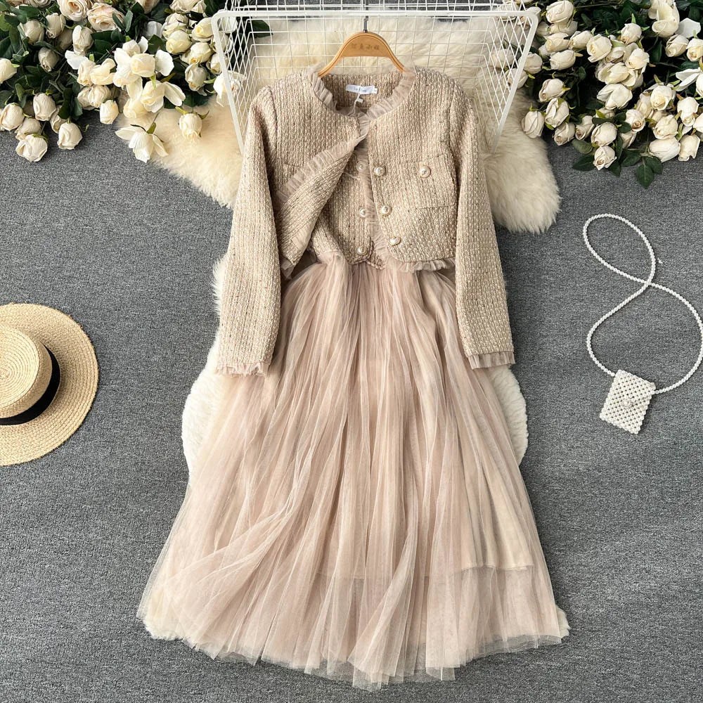 Elegant Small Fragrance Two-Piece for Women's Strap Mesh Midi Dress+Short Thick Tweed Jacket for Women's Spring and Autumn Set