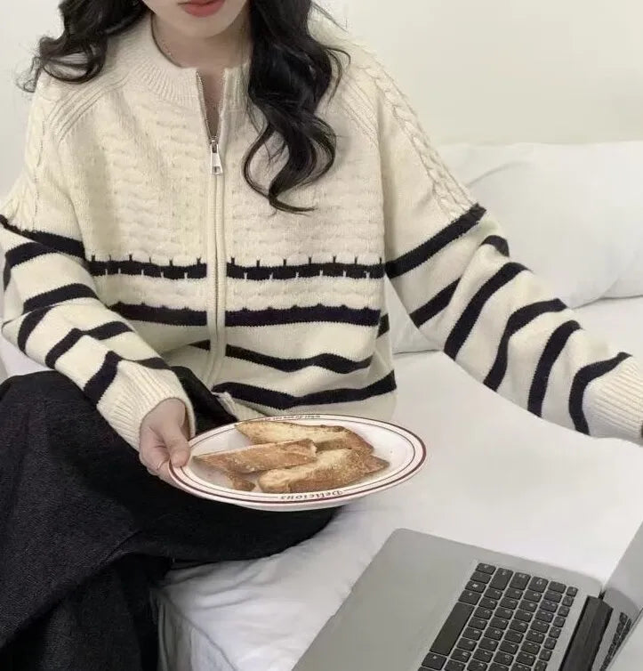 Autumn Winter Korean Edition Stripe Color Contrast Double Zipper Short Knitted Cardigan Women's Loose Fit Long Sleeve Sweater