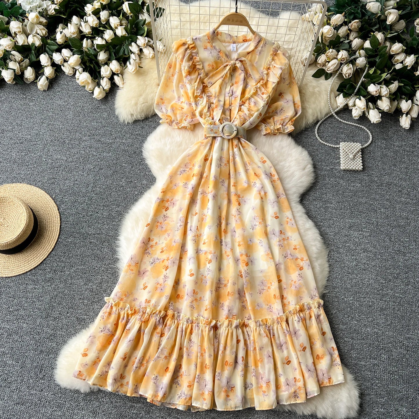 French Vintage Ruffle print chiffon Bandage Bow Puff Sleeves short Sleeves Dress Casual Women Fashion summer dresses