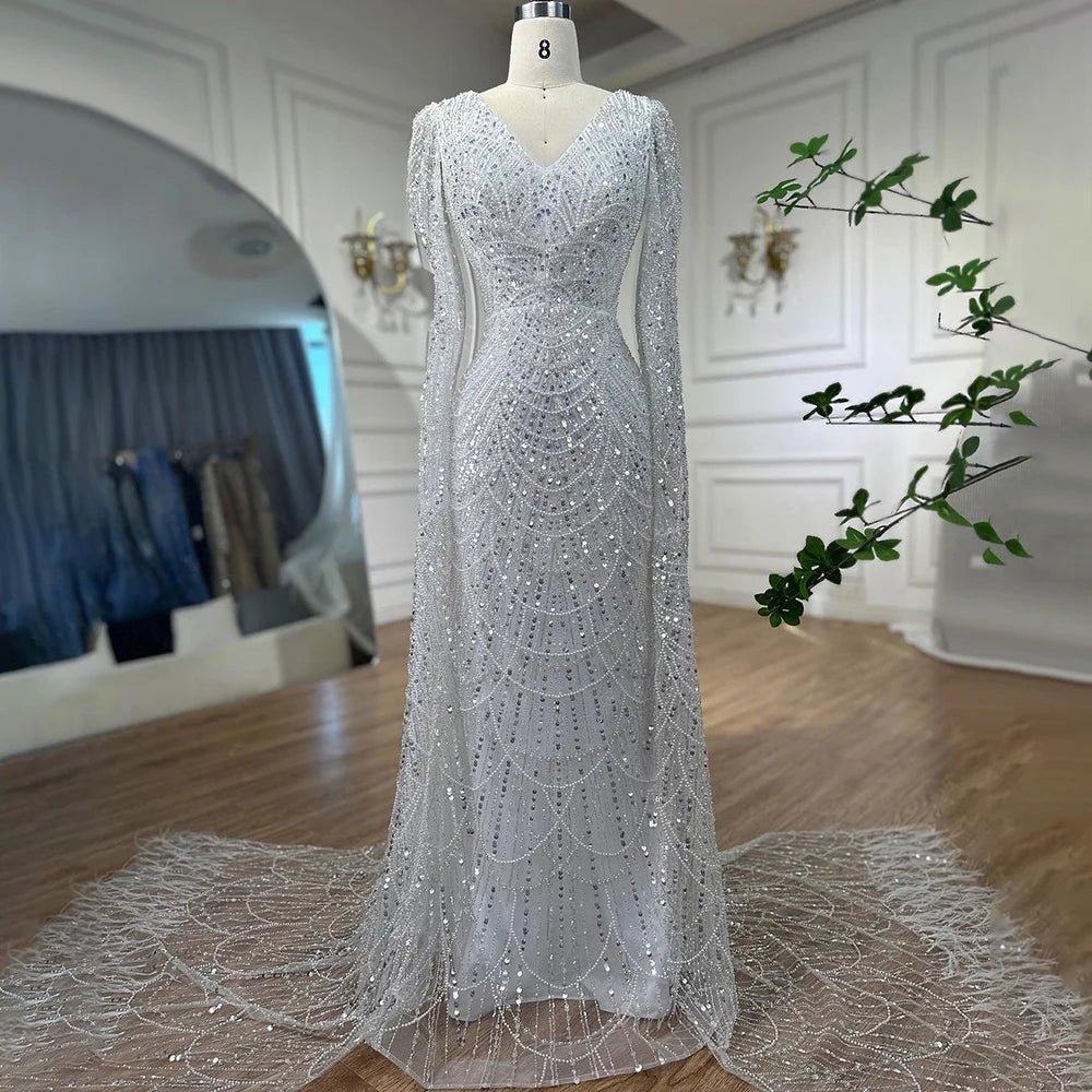Serene Hill Arabic White Luxury Pearls Beaded Mermaid Cape Sleeves Evening Gowns 2024 For Women Wedding Party LA72160