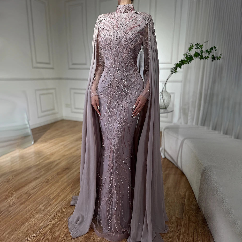 Serene Hill Muslim Sage Green Mermaid Long Cape Beaded Satin Luxury Evening Dresses Gowns For Women Party 2024 LA72413A