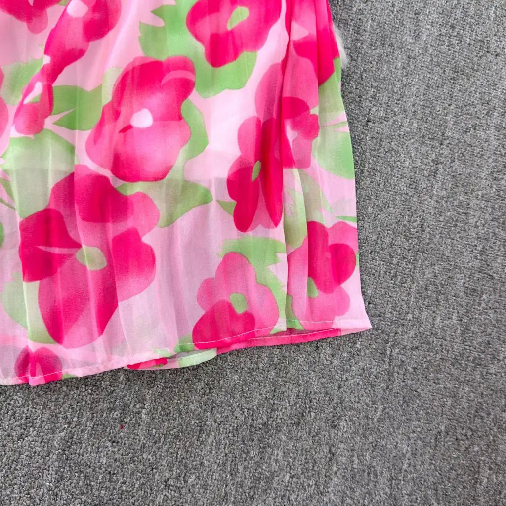 Summer Vintage Casual A-Line Floral Print Women Dress Elegant Chic Pleated Party Prom Vestidos with Belted Female Long Robe