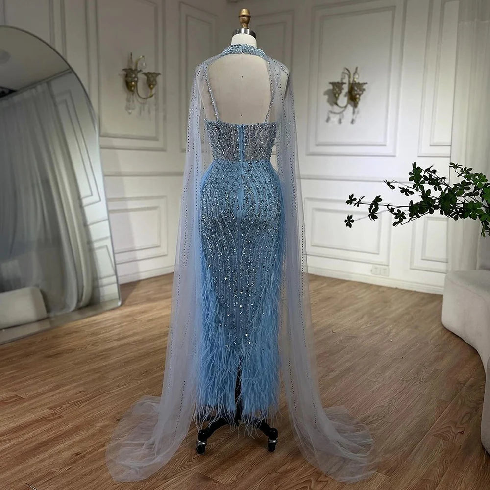 SERENE HILL 2024 White Nude Mermaid Beaded Feathers Luxury Evening Dresses Midi Gown With Cape For Women Wedding Party GLA72047A