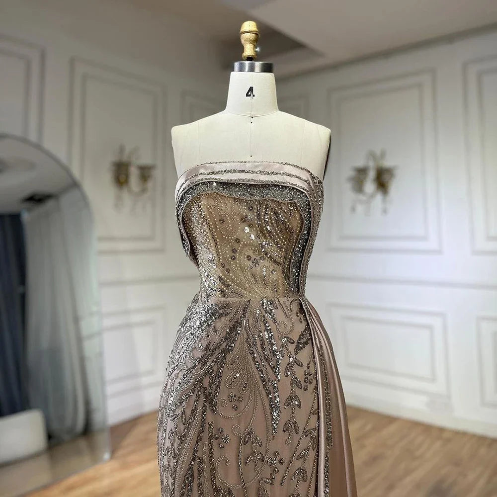 Serene Hill 2024 Arabic Nude Strapless Satin Mermaid Beaded Luxury Dubai Evening Gown with Side Skirt for Women's Party BLA72665