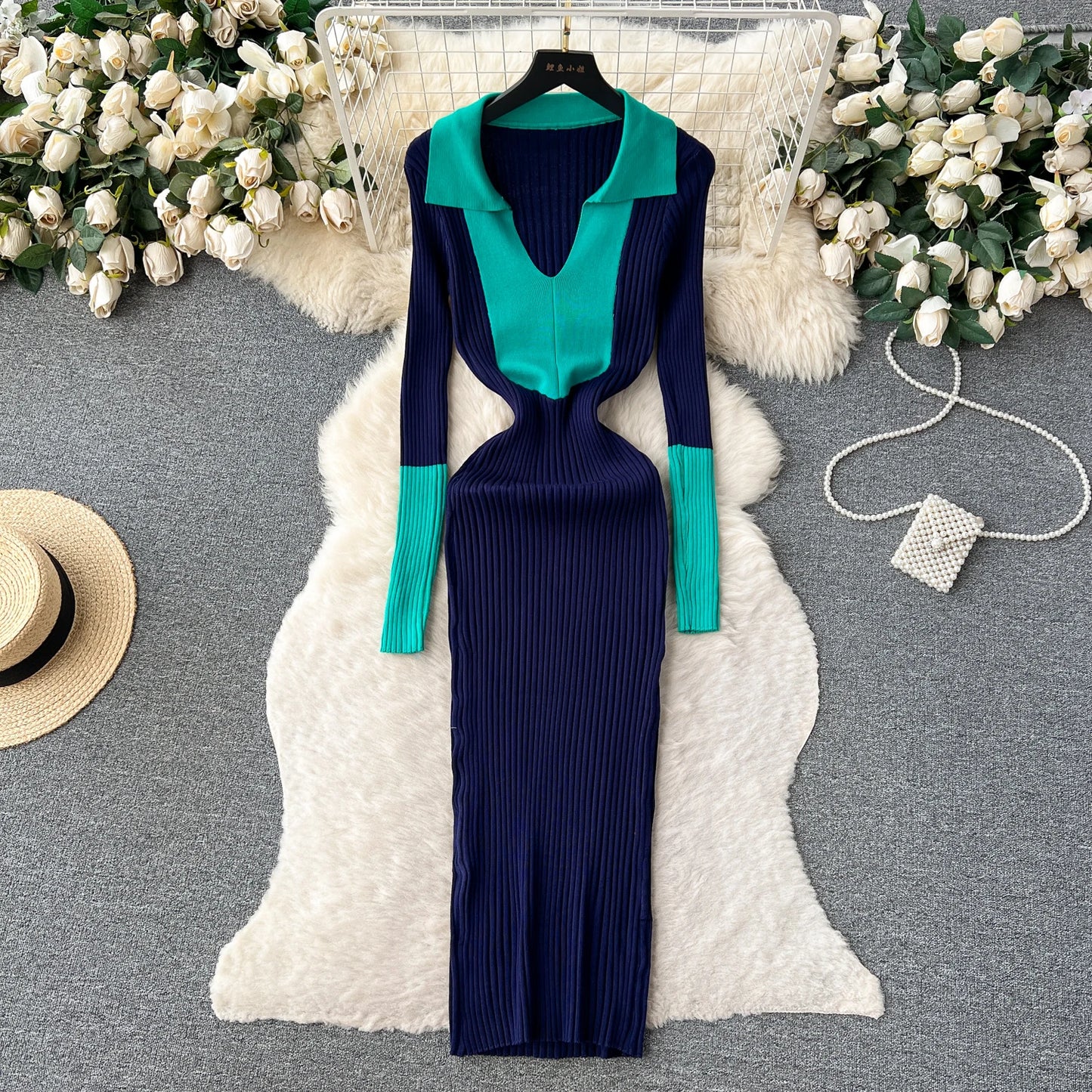 Elegant Polo-neck Long Sleeve Knit Bodycon Pencil Dress Slim Basic Fashion Sweater Vestido Sexy Women Autumn Winter Clothing