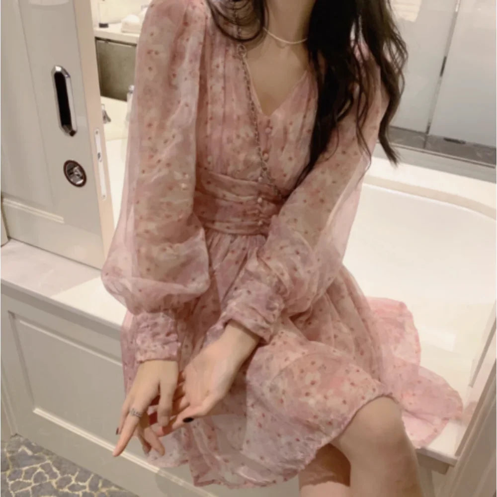 Vintage Floral Print Pleated Elegant Puff Sleeve Dress A-line Chiffon Beach Vacation casual Dress Women Summer Spring Vestidos