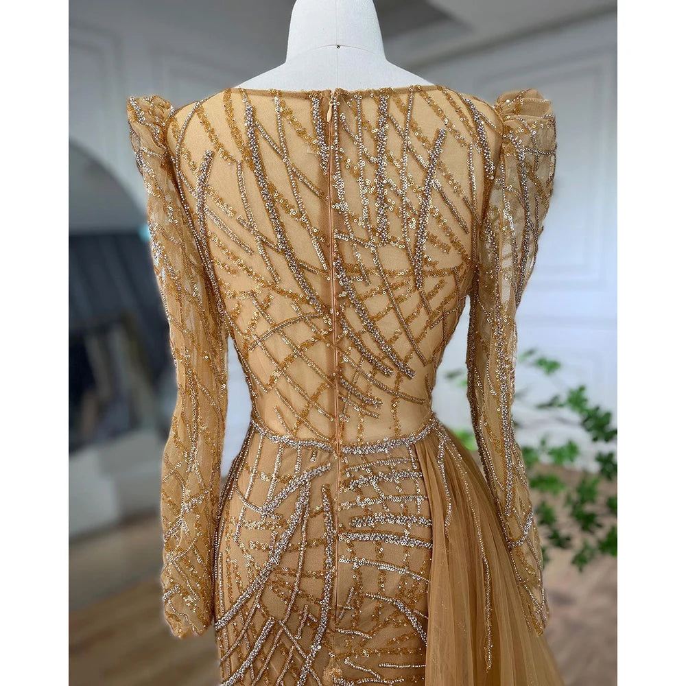 Serene Hill Muslim Gold Mermaid Beaded Luxury Dubai Evening Dresses Gowns With Overskirt 2024 For Women Party LA72206