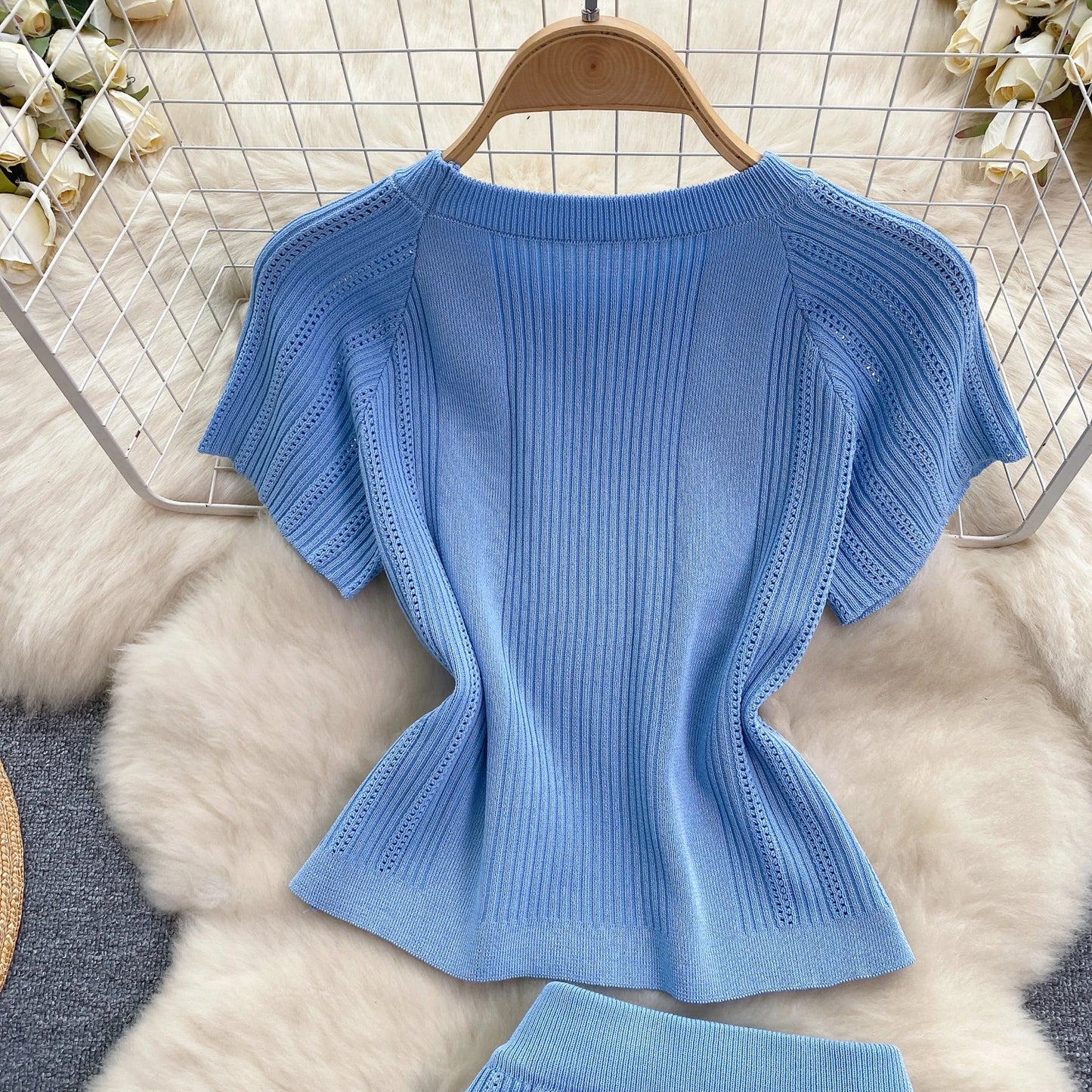 Women Chic Two Pieces Sets High Waist Sexy Pencil Wrap Pencil Skirt with Short Sleeve Knit Pullover Slim Fashion Sweater Set