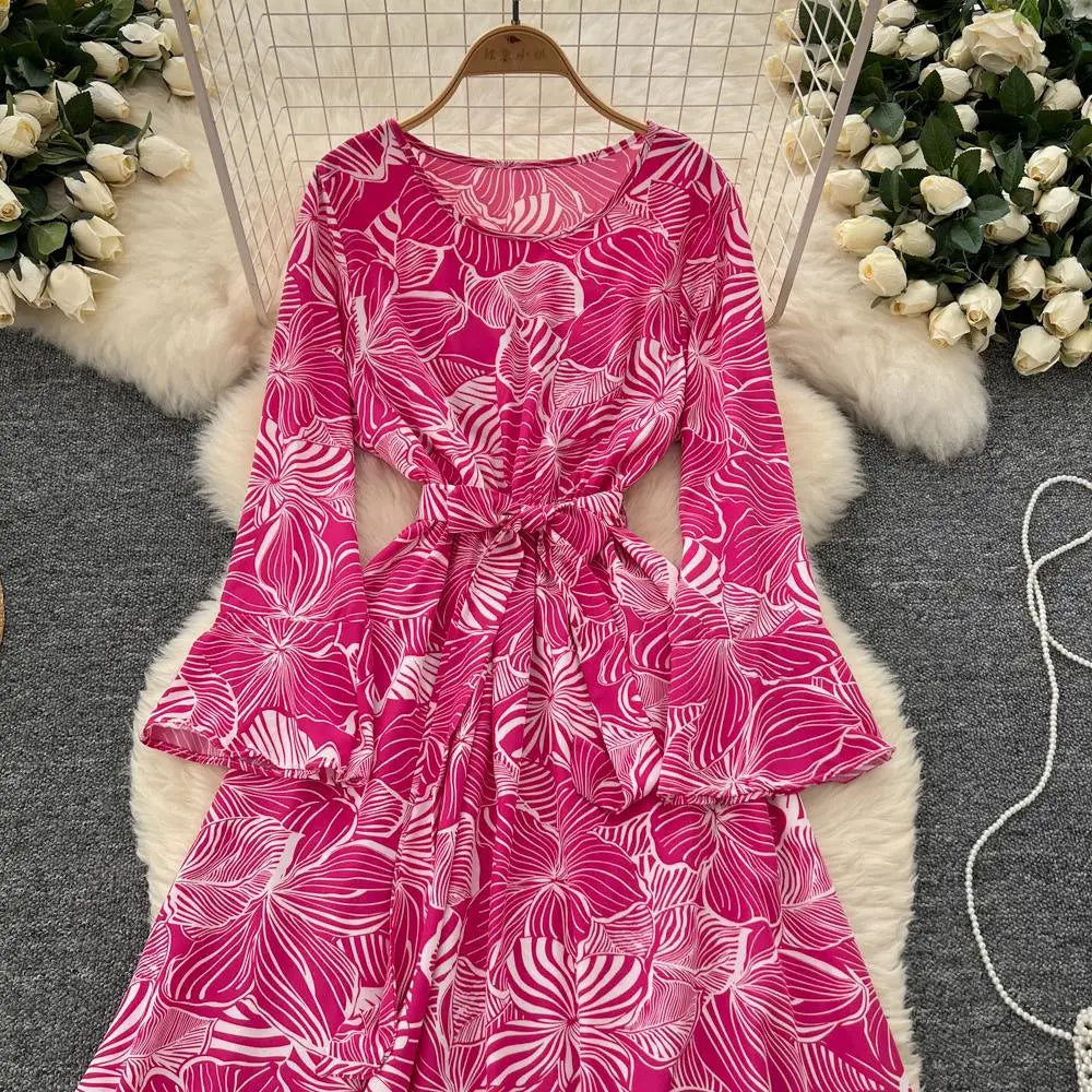Women Vintage Print Dress for Women Autumn Flare Long Sleeves Lace Up Ruffles Slim Waist Evening Party Dresses A-Line Vestidos