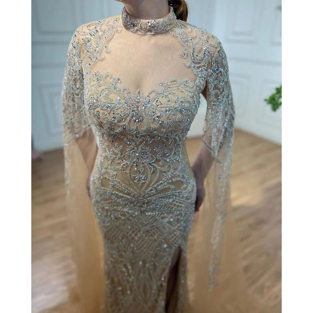 Serene Hill Nude Mermaid Elegant Sexy High Collar Cape Sleeves Luxury Beaded Evening Dresses Gowns 2024 For Women Party GLA71747