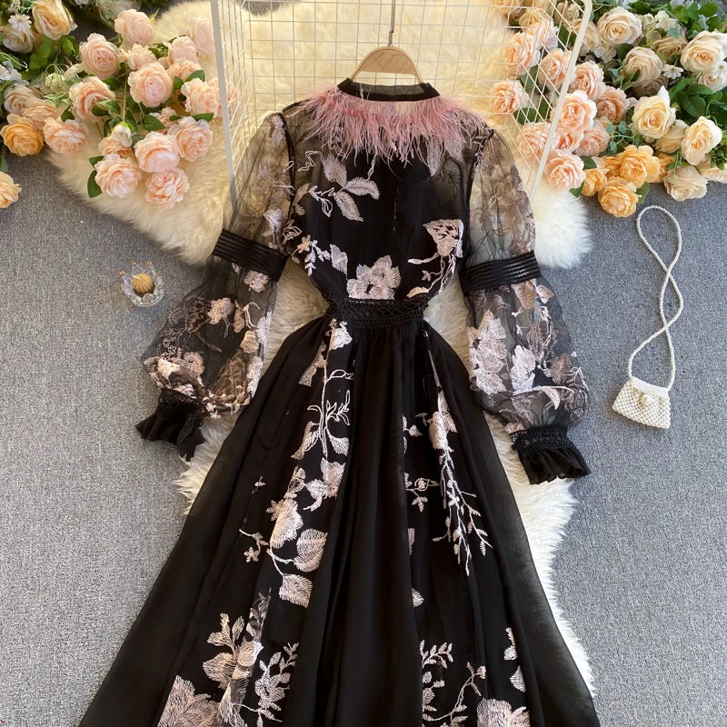 Retro Print Floral Embroidery Elegant Lace Up Dress A-line Long Sleeve Casual O-neck High Waist Dress Women Ceremonial Dress