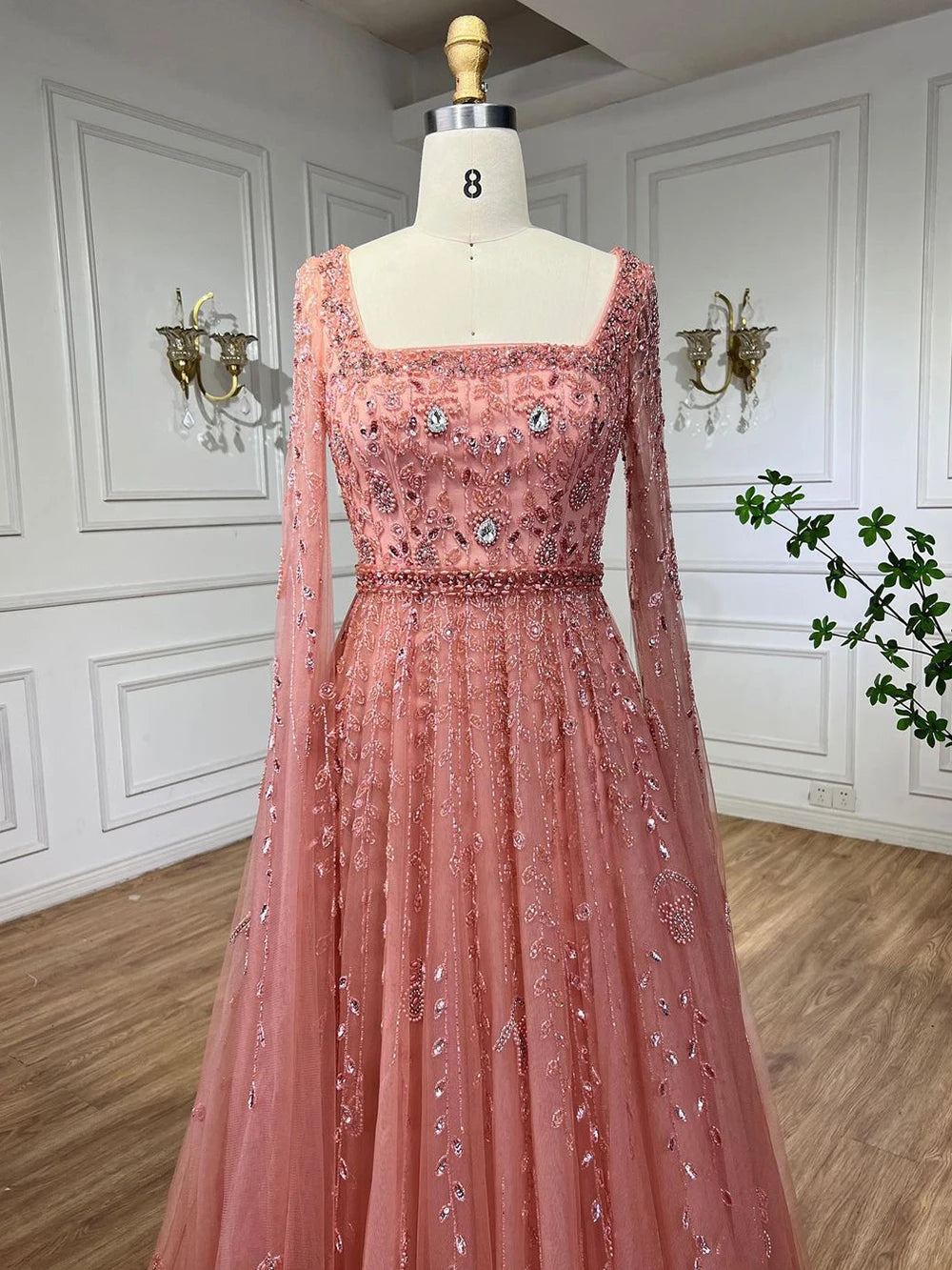 Serene Hill 2024 Muslim Pink A Line Beaded Elegant Cape Sleeve Luxury Evening Dresses Gowns For Women Wedding Party LA71803A