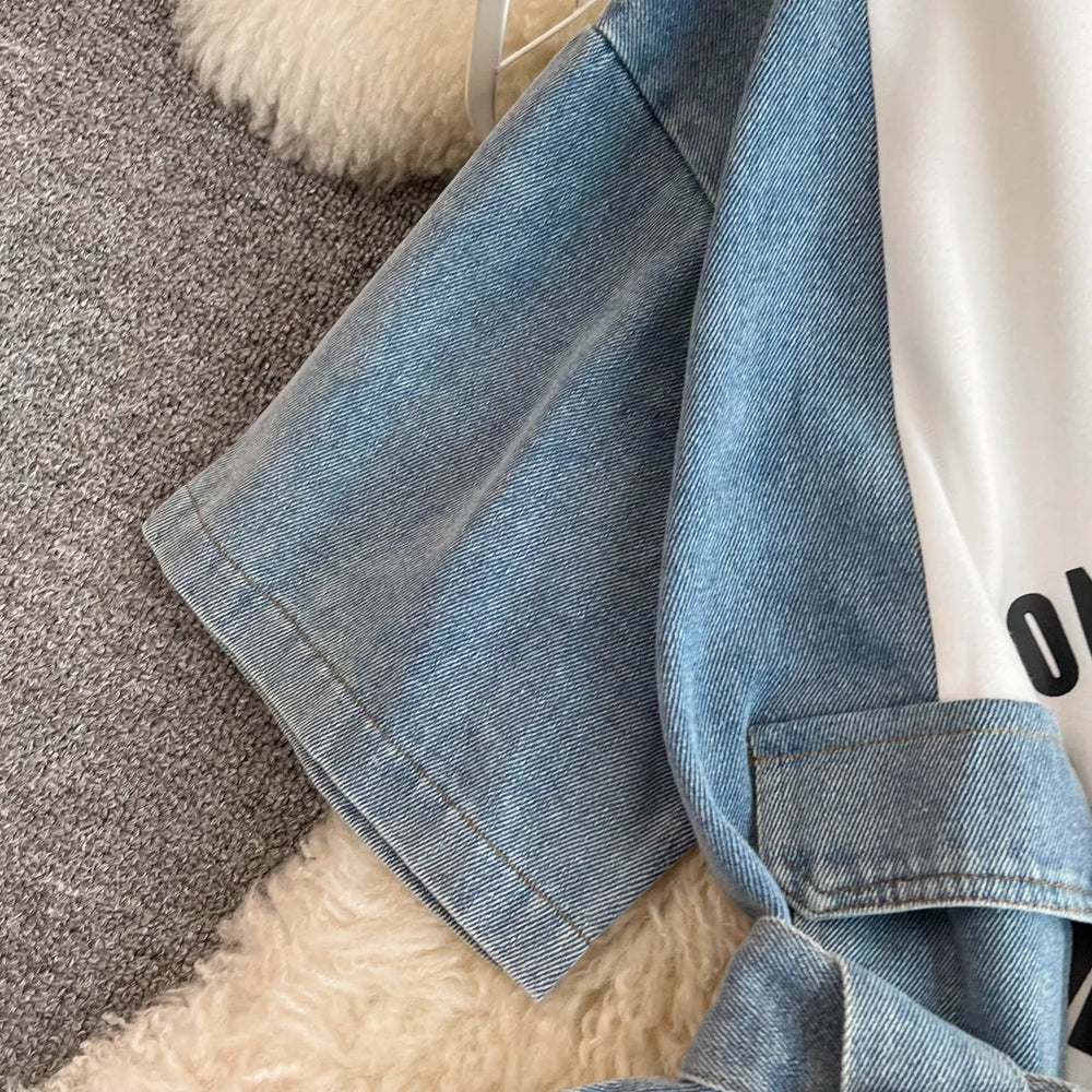 Women Summer Casual T Shirt Short Sleeve Streetwear Patchwork Denim Long Shirts Female O-neck Slim Jeans Tops