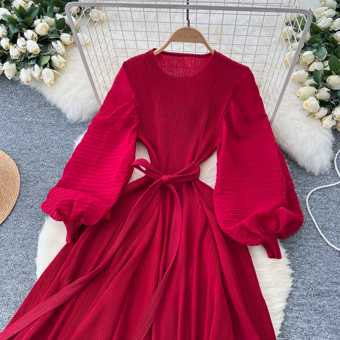 Vintage Elegant Lantern Sleeve Sweet Pleated Dress Women Basics Fashion Summer Spring Dresse