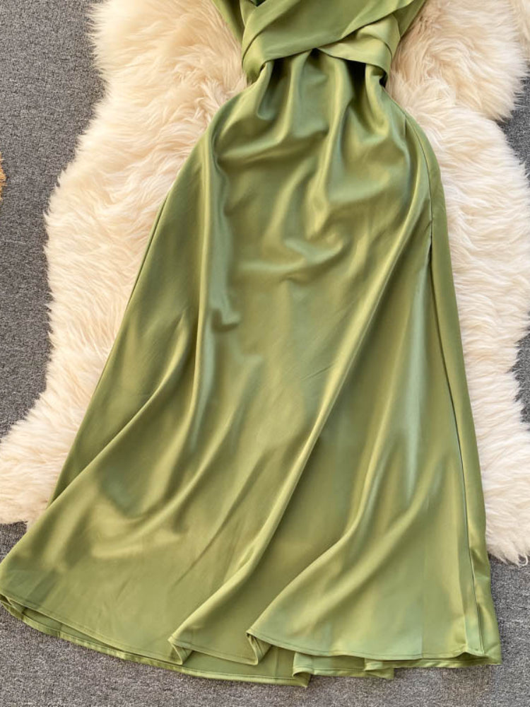 New Women Casual Long Dress Summer Cross V-neck Sexy Off-shoulder Dresses Ladies Sleeveless Slim Satin Long Robe Vestidos