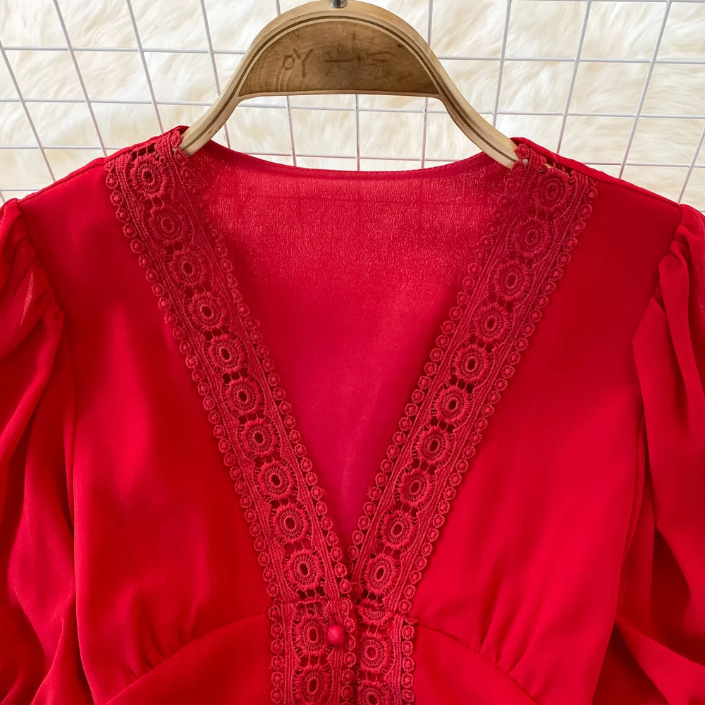 New Women Vintage Party Dress Summer Puff Sleeve Sexy V Neck Lace Single-breasted Long Dresses Ladies A Line Elegant Long Robe