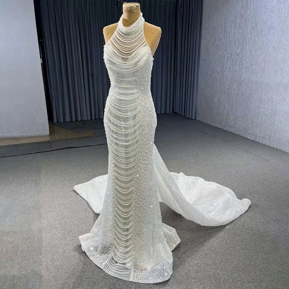 Serene Hill White champagne Mermaid Lace Up Luxury Pearls Beaded Bride Gowns Wedding Dress 2024 High End Custom Made HM231033