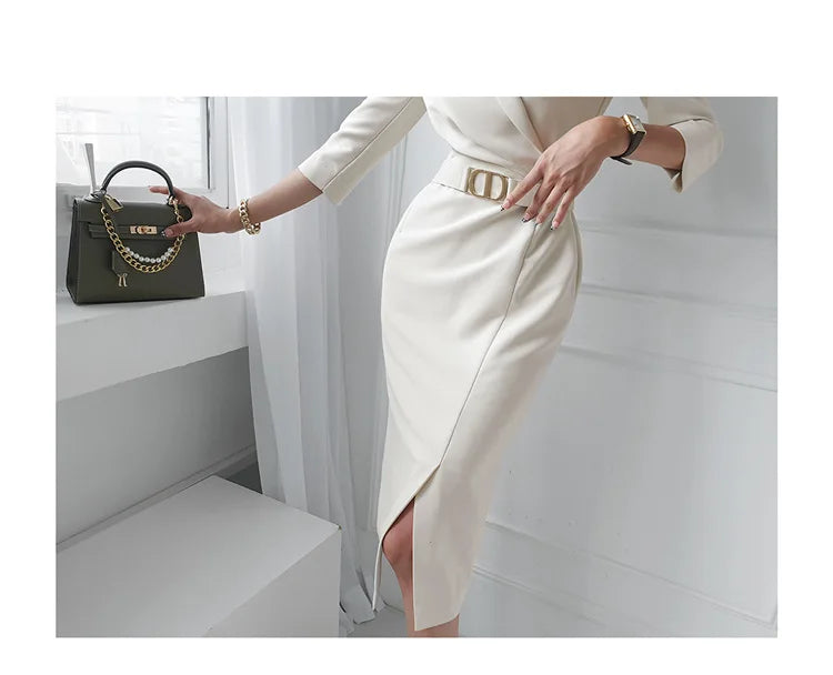Commuting Style V-neck Mid length One Step Dress with Belt Autumn New Office Women's Slim Fit Waist Closing Beige Split Dresses