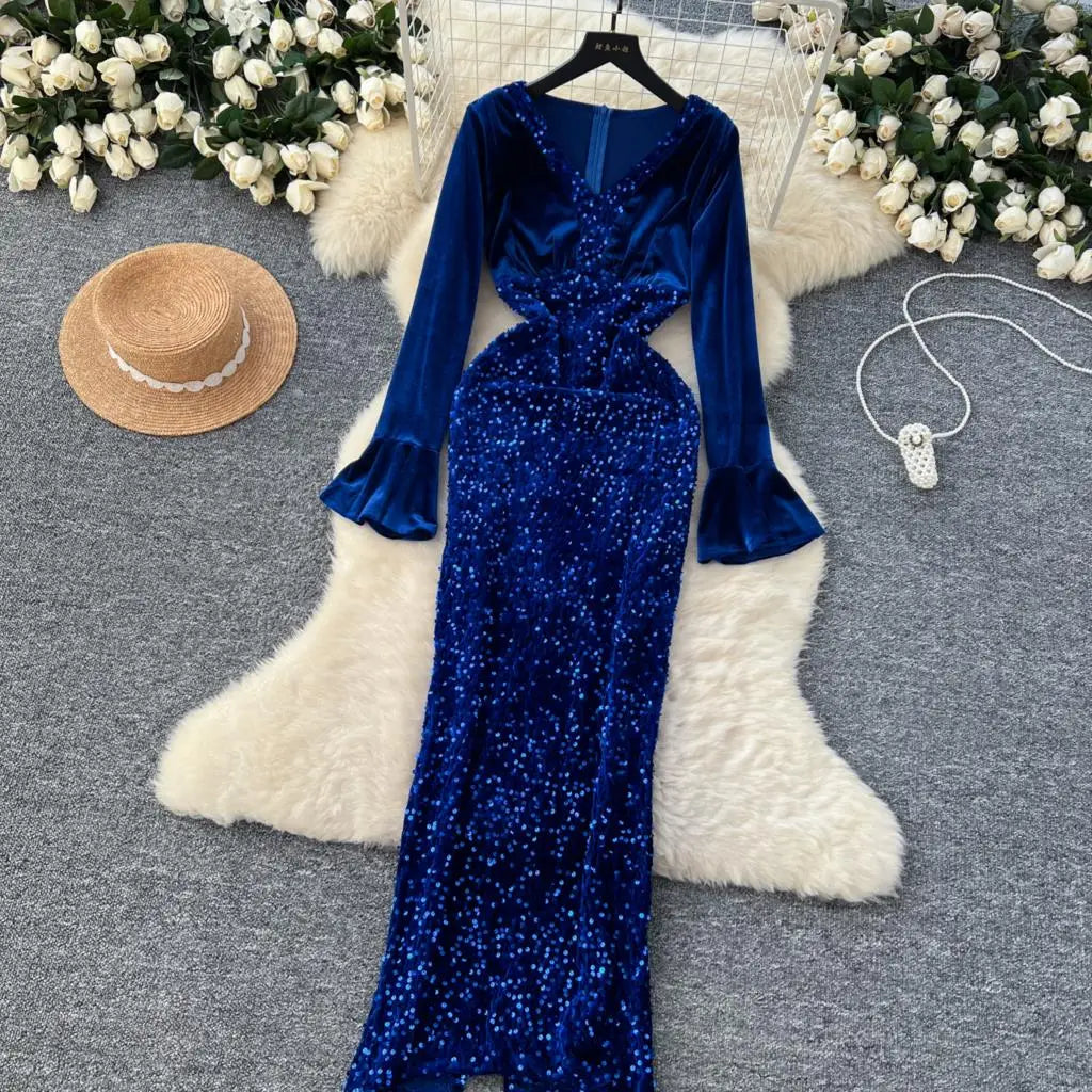 Women's Sexy Velvet Evening Gown Luxury Dresses V-Neck Flare Sleeve Split Long Dress Fashion Slim Robe Birthday Party Autumn New