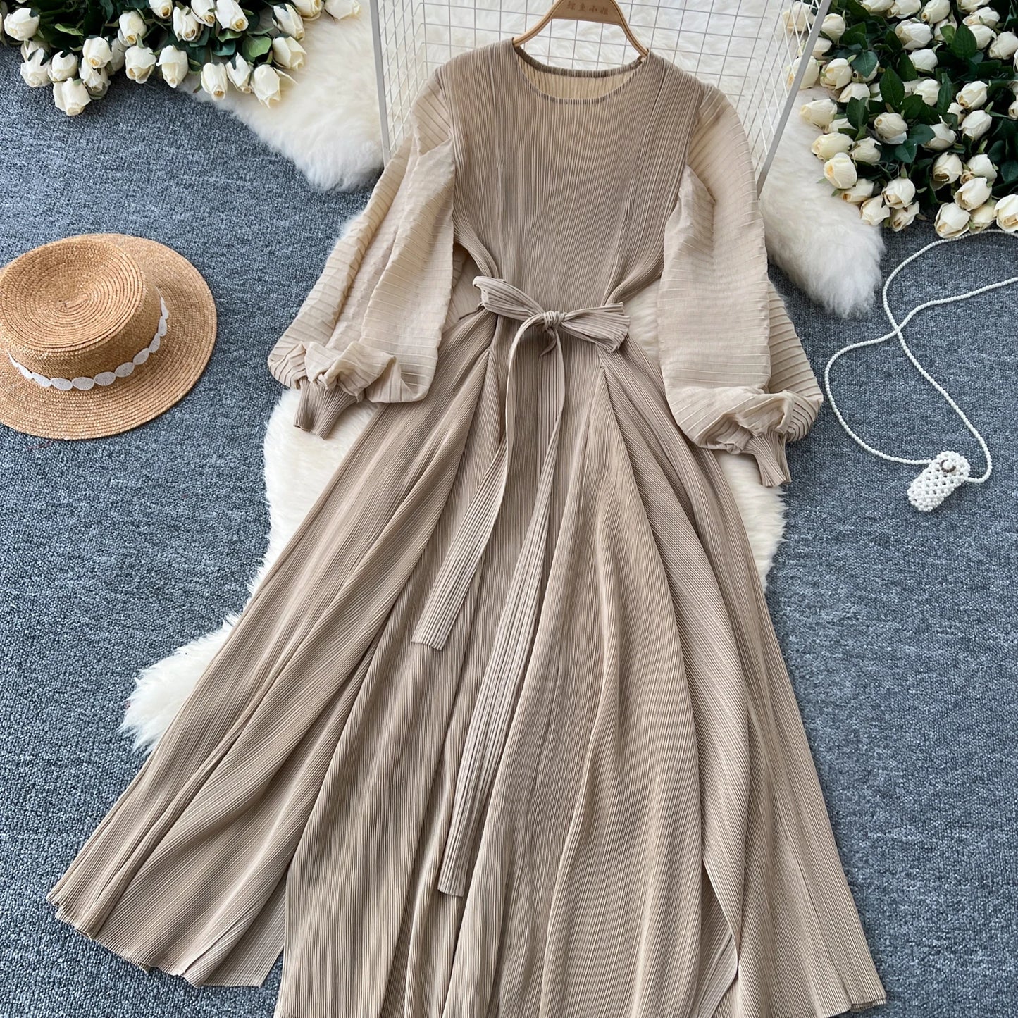 Vintage Elegant Lantern Sleeve Sweet Pleated Dress Women Basics Fashion Summer Spring Dresse