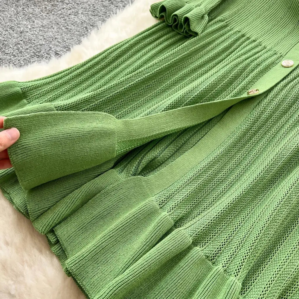 Elegant Women Solid Knitted Dresses Autumn V-Neck Single Breasted Chic Flared Sleeve Ruffles Hem Casual Female Slim Office Robes