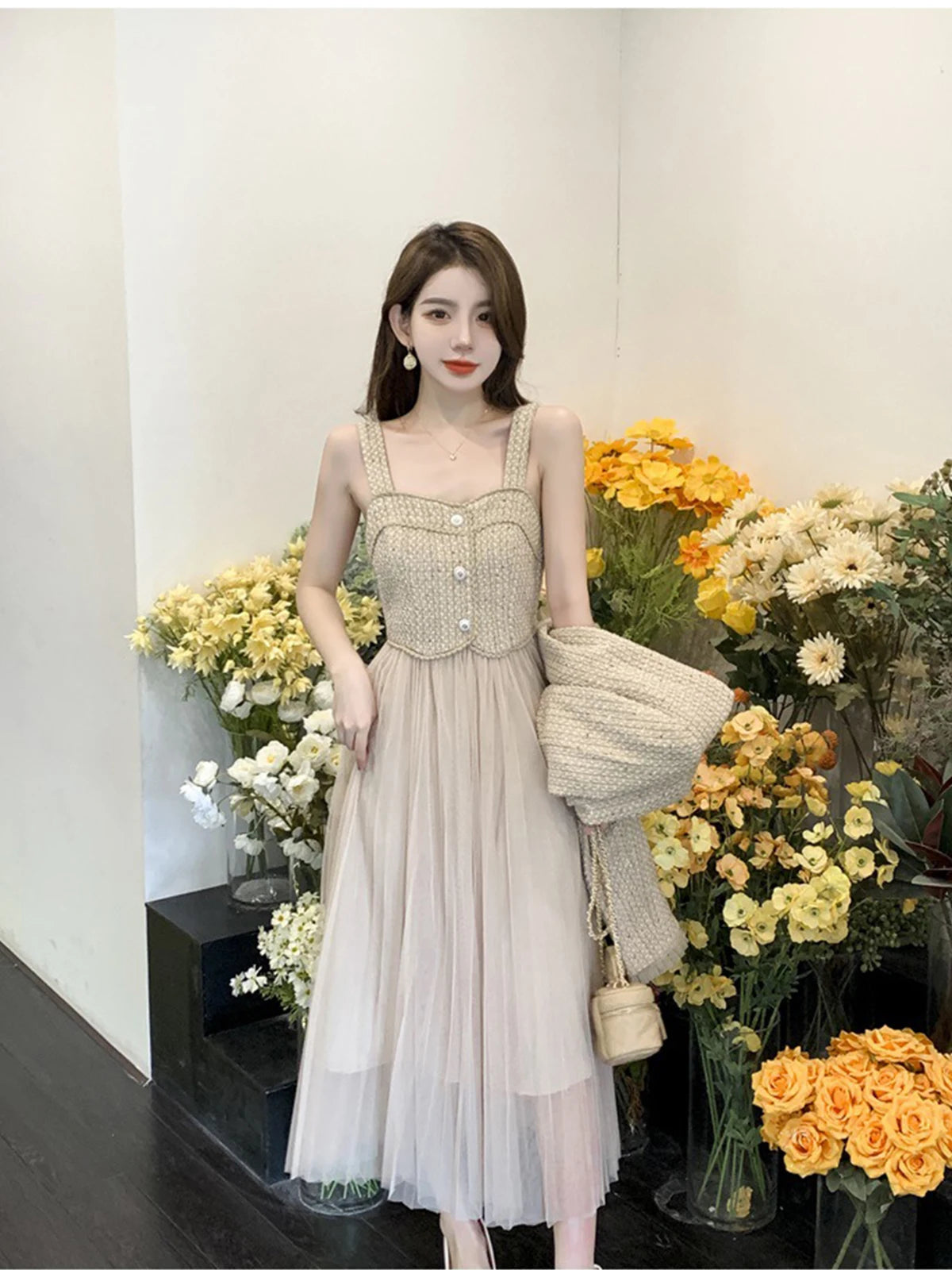 Elegant Small Fragrance Two-Piece for Women's Strap Mesh Midi Dress+Short Thick Tweed Jacket for Women's Spring and Autumn Set