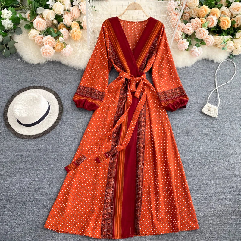 Vintage Print Elegant Puff Sleeve One Piece Dress A-line Lace-up Beach Vacation Midi Dress Women Fashion Spring Autumn Vestidos