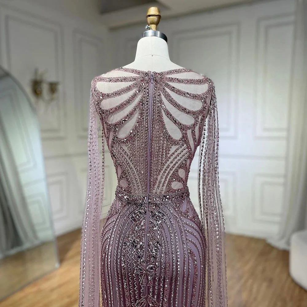 Serene Hill Brown Mermaid Elegant 2024 With Cape Sleeves Beaded Luxury Evening Dresses Gowns For Women Party LA70638