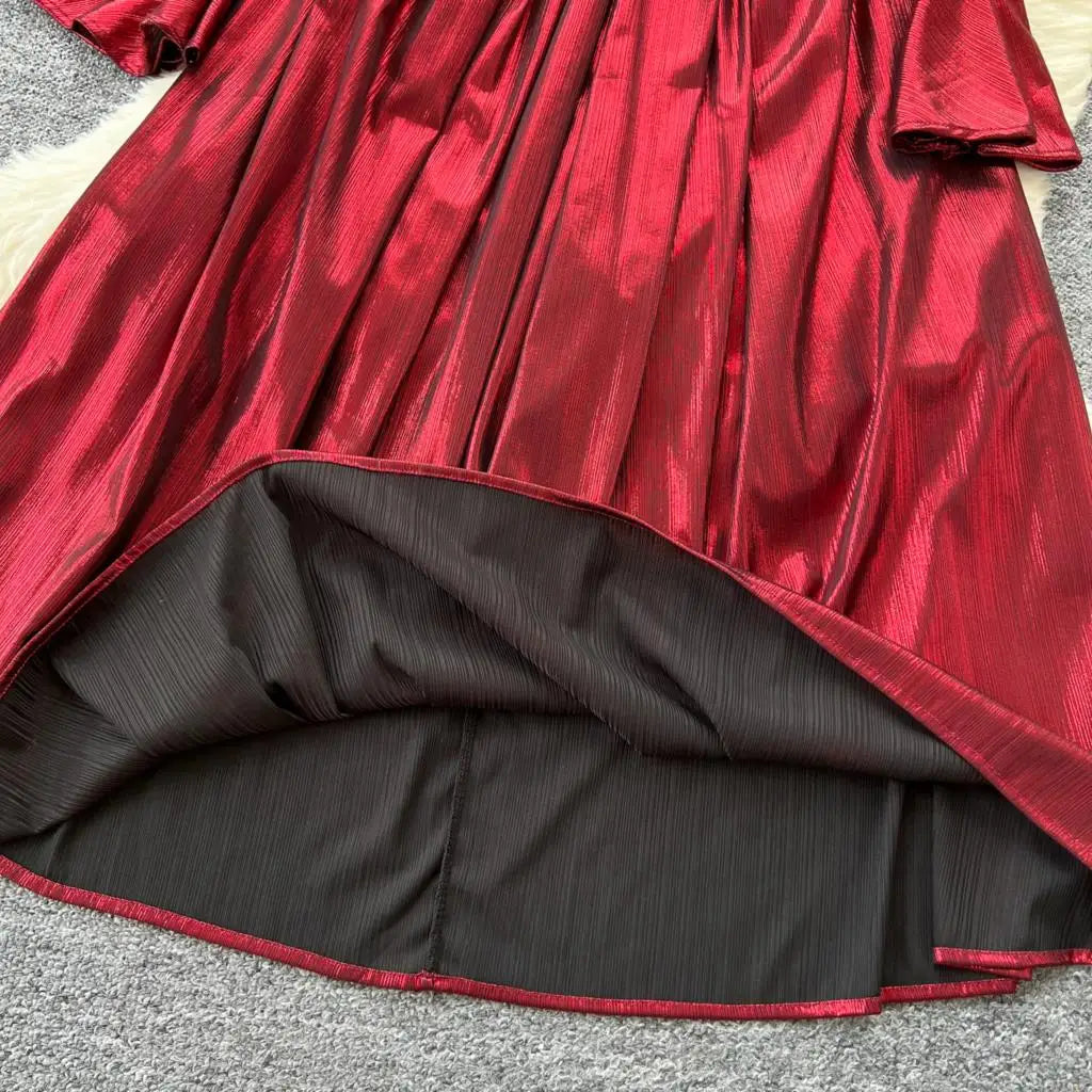 Autumn Vintage Pleated Women Long Dress Elegant Stand Collar Solid A-Line Party Prom Vestidos Female Birthday Clothes Mujers
