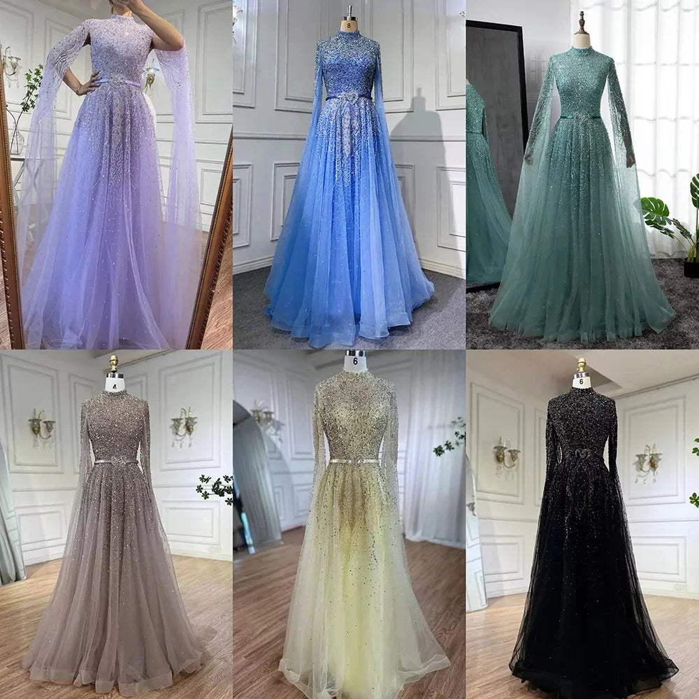 Serene Hill Blue A-Line High-end Beaded Luxury Cape Sleeves Evening Dresses Gowns 2024 For Woman Party Plus Size LA70066B