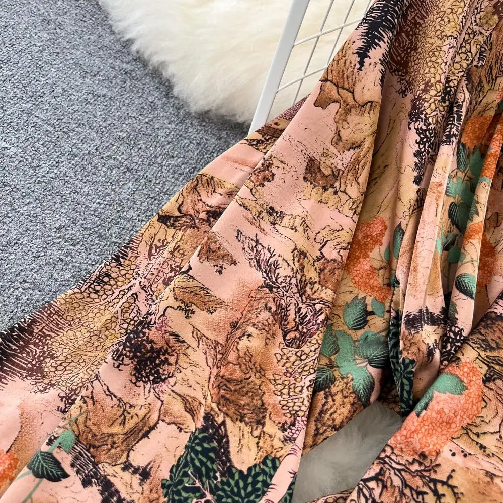 Elegant Casual A-Line Vintage Ruffle Print Long Dress Autumn Lantern Sleeve Party Boho Dresses Beach Holiday Female Vestidos
