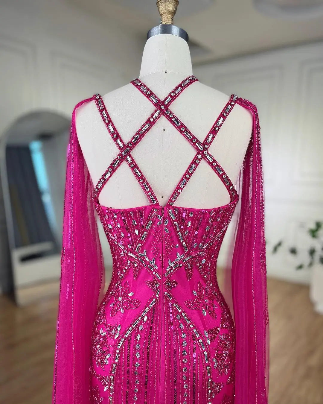 SERENE HILL Arabic Caramel Mermaid Elegant Cape Sleeves Beaded Luxury Evening Dresses 2024 Formal Gown For Women Party GLA71905A