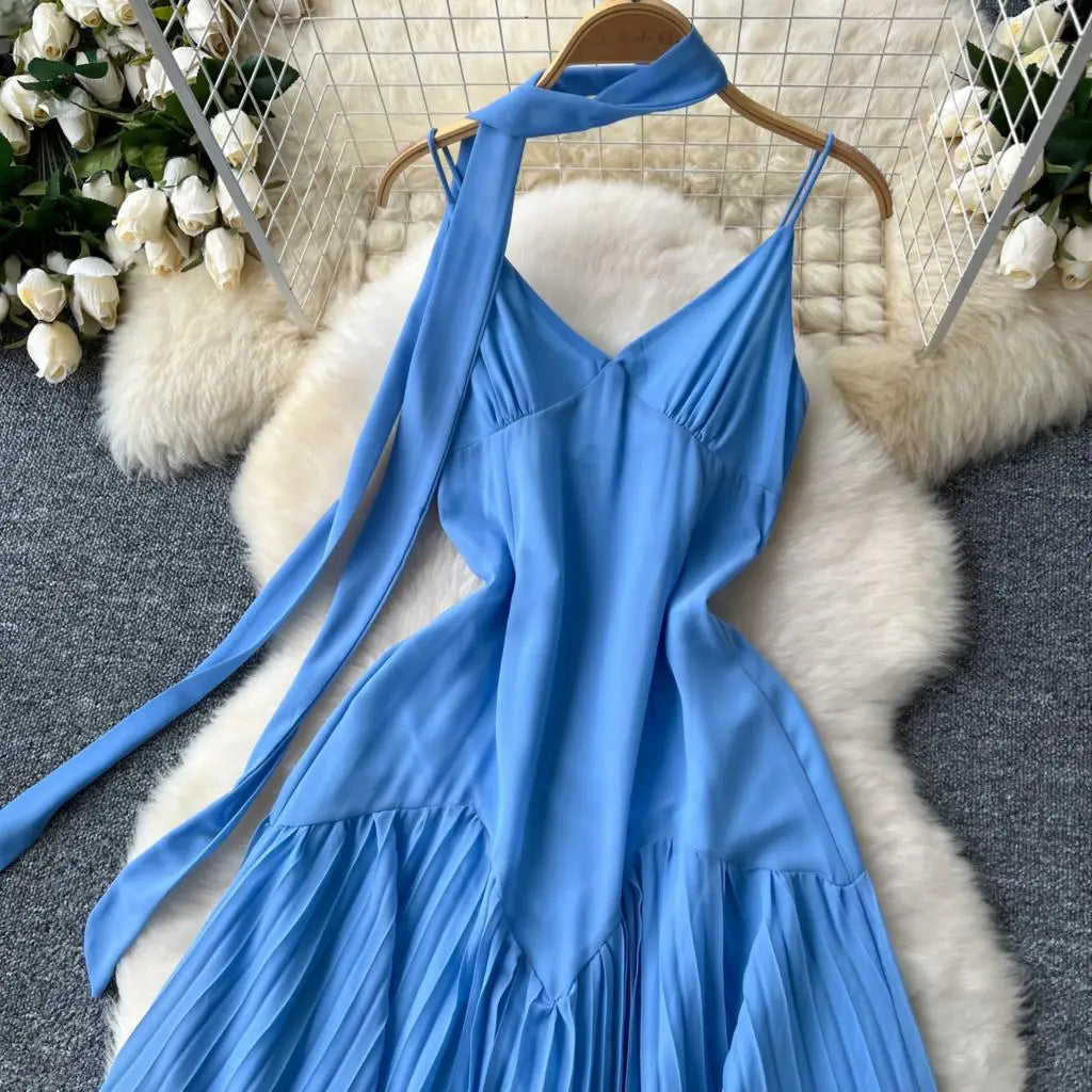 Summer Elegant Casual Women Solid Dress Halter A-Line Beach Holiday Party Long Robe Female Spaghetti Strap Boho Clothes Vestidos