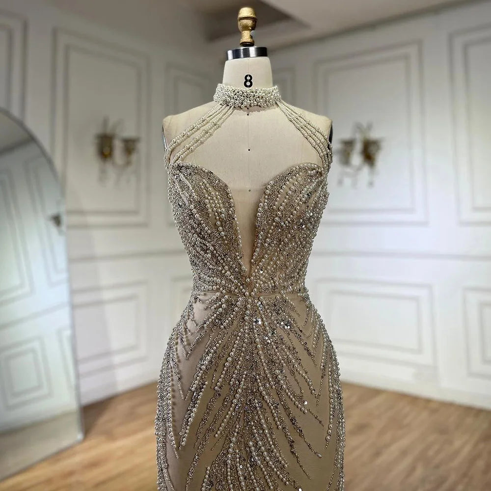 Serene Hill 2024 Arabic Nude Halter Neck Mermaid Pearls Beaded Luxury Dubai Evening Gown for Women's Party LA72696