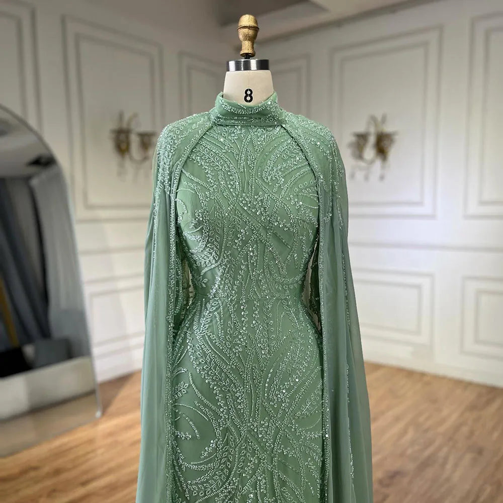 Serene Hill 2024 muslim Sage Green Mermaid Cape Sleeves Beaded Satin Luxury Evening Dresses Gowns for Women Party LA72413