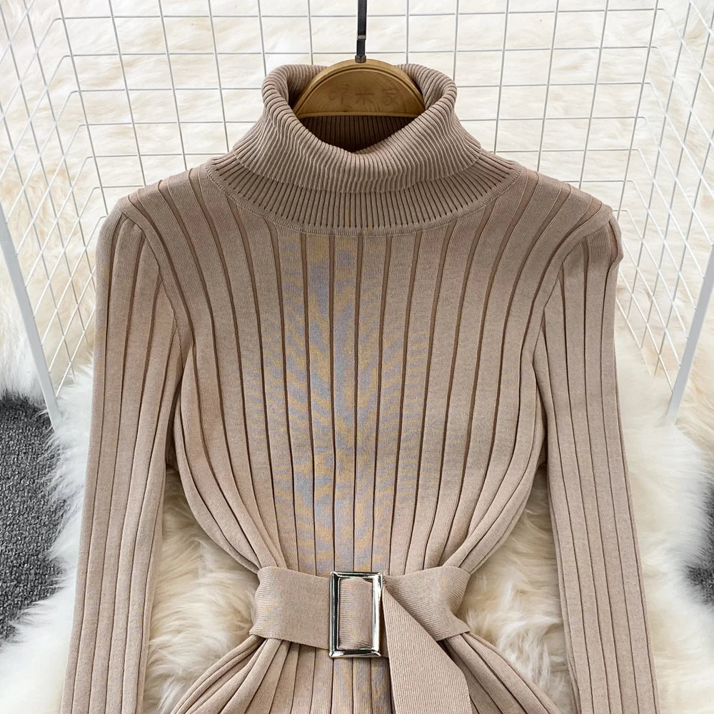 Chic Elegant Turtleneck Long Sleeve Bodycon Dress with Belt Sexy Fashion Knit Vestido Slim Autumn Winter Pencil Sweater Robe