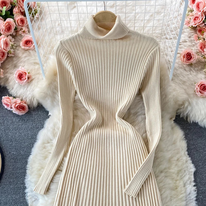 Women Chic Turtleneck Long Sleeve Sexy A-line Sweater Dress Vintage Korean Fashion Knit Vestido Elegant Autumn Winter Knitwear
