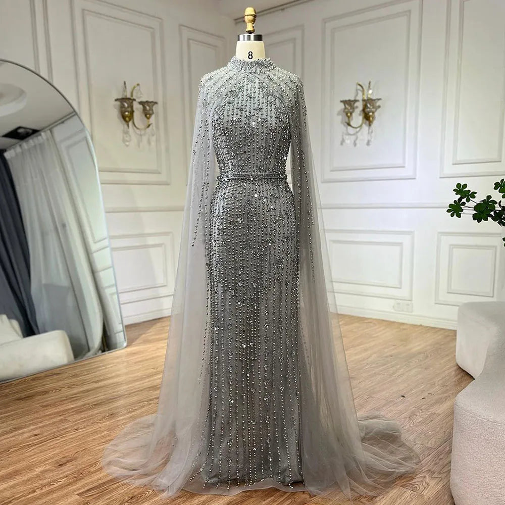 SERENE HILL 2024 Arabic Nude Mermaid Cape Long Sleeves Luxury Beaded Evening Dresses Formal Gowns Women Wedding Party GLA72372