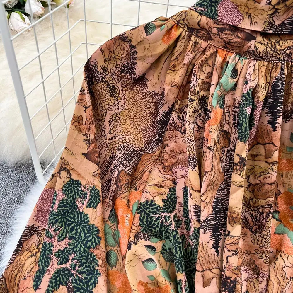 Elegant Casual A-Line Vintage Ruffle Print Long Dress Autumn Lantern Sleeve Party Boho Dresses Beach Holiday Female Vestidos