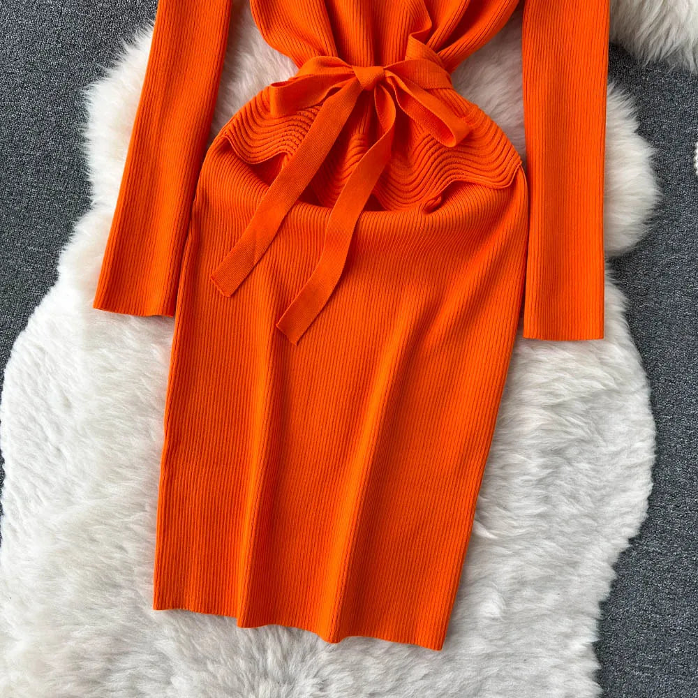 Women Long Sleeve V Neck Sexy Knit Bodycon Dress Chic Vintage Lace Up French Fashion Vestidos Party Elegant Fashion Dresses Y2k