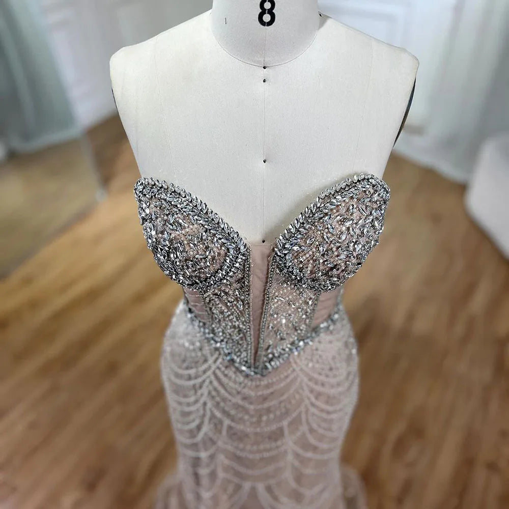 Serene Hill Nude Strapless Mermaid Luxury Evening Dresses Gowns And Beaded Design Arabic 2024 For Women Wedding Party LA72249