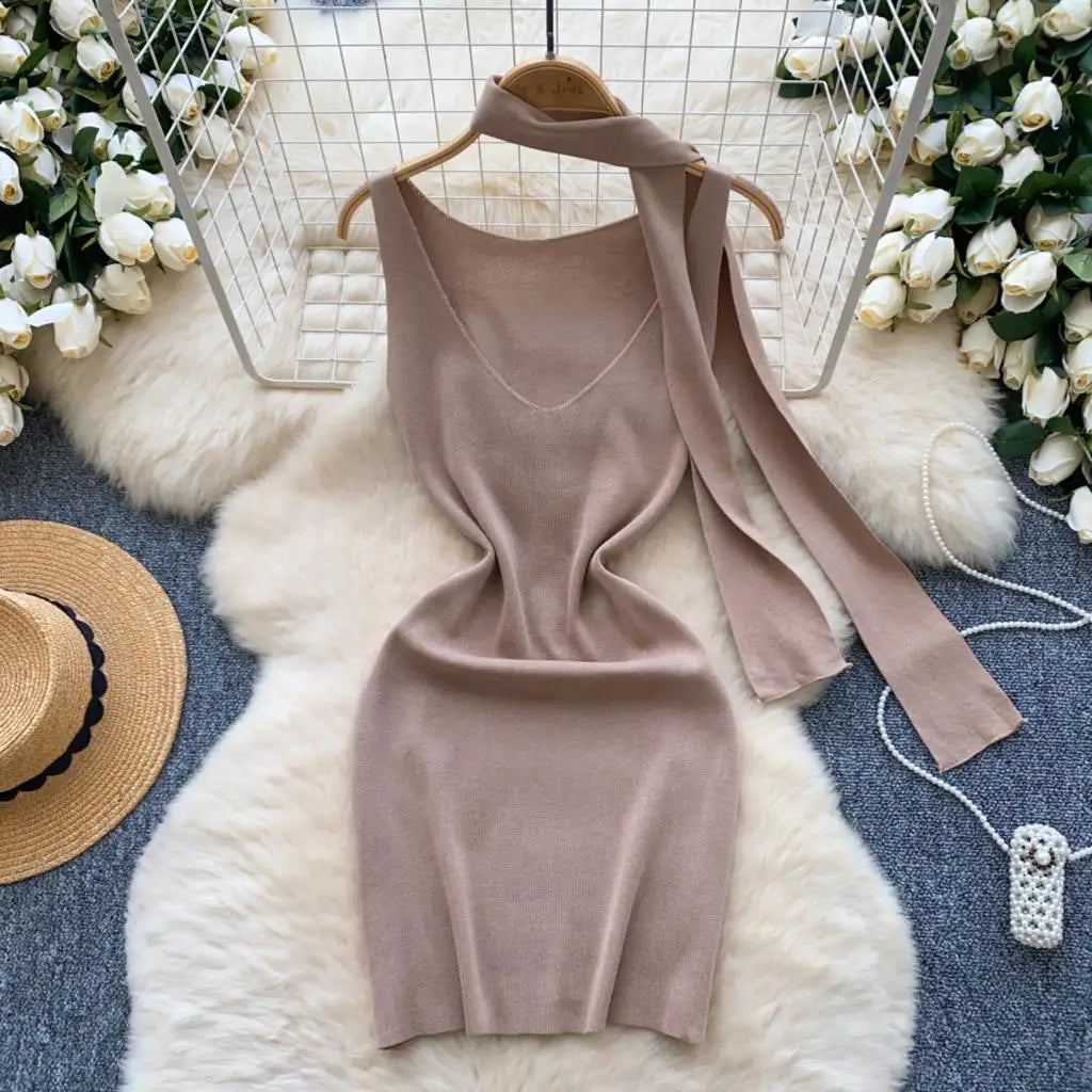 Sexy V-Neck Knitted Mini Dress for Women Elegant Spaghetti Strap Ribbon Slim Dresses One Piece Solid Female Clothes Autumn New
