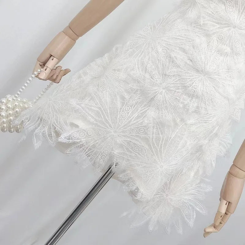 French White Feather Lace Flower Fairy Dress Hollow out Sexy Waist Wrapped Chiffon Hanging Spaghetti Strap Dresses Summer
